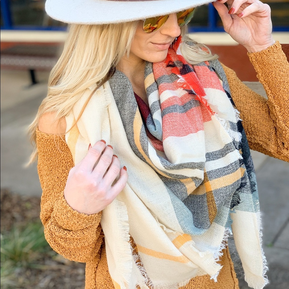 Cream plaid blanket scarf